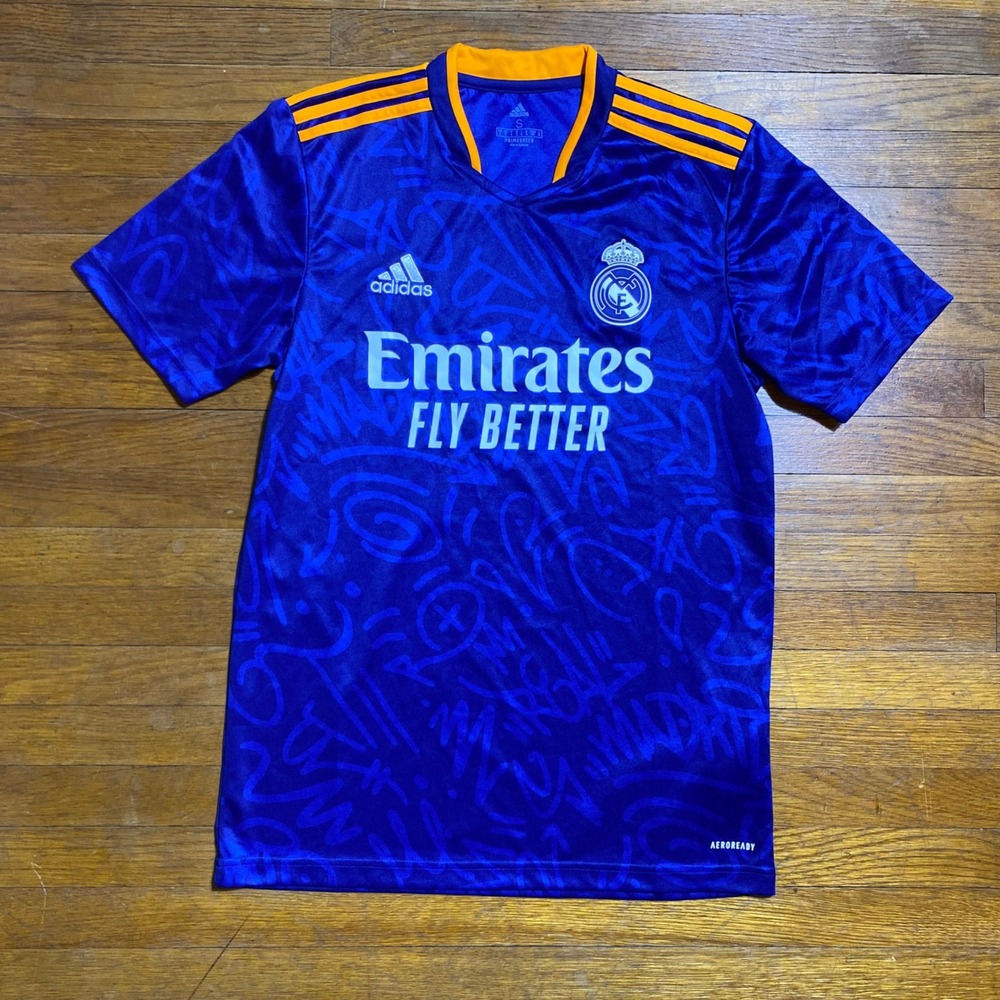 Adidas Real Madrid 2021-22 Away Soccer Jersey Blue Orange Mens Small